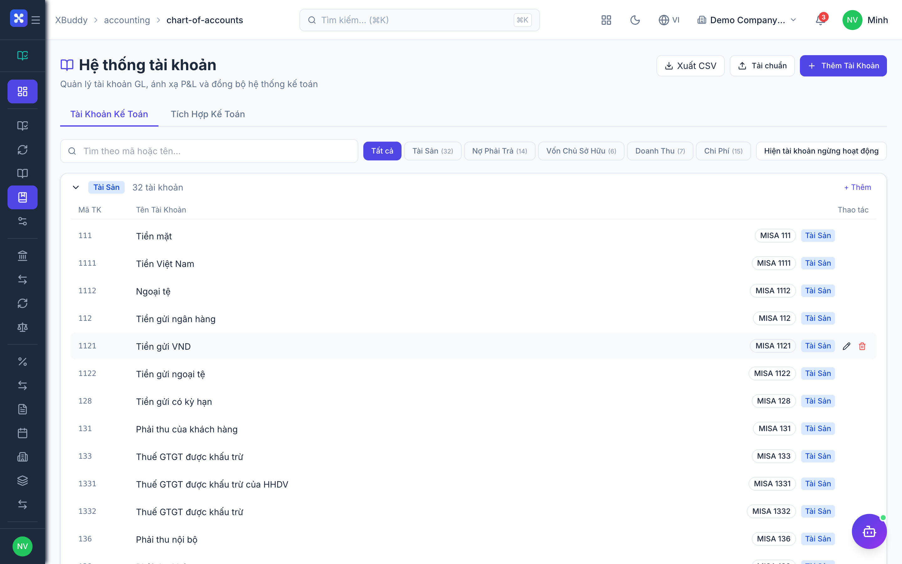 Accounting — Chart of Accounts with VAS classes and MISA mapping