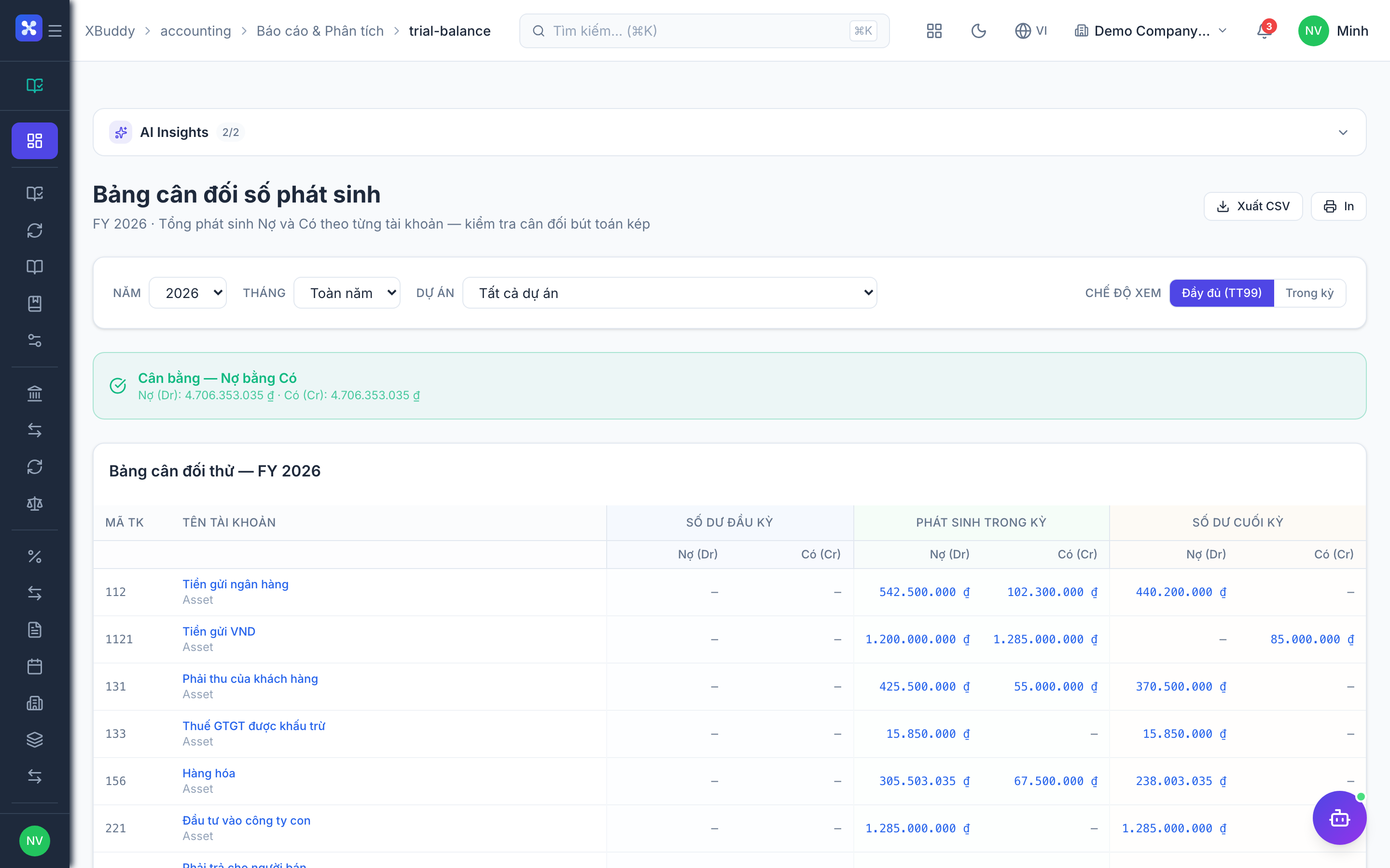 Accounting — General Ledger with running balance per account