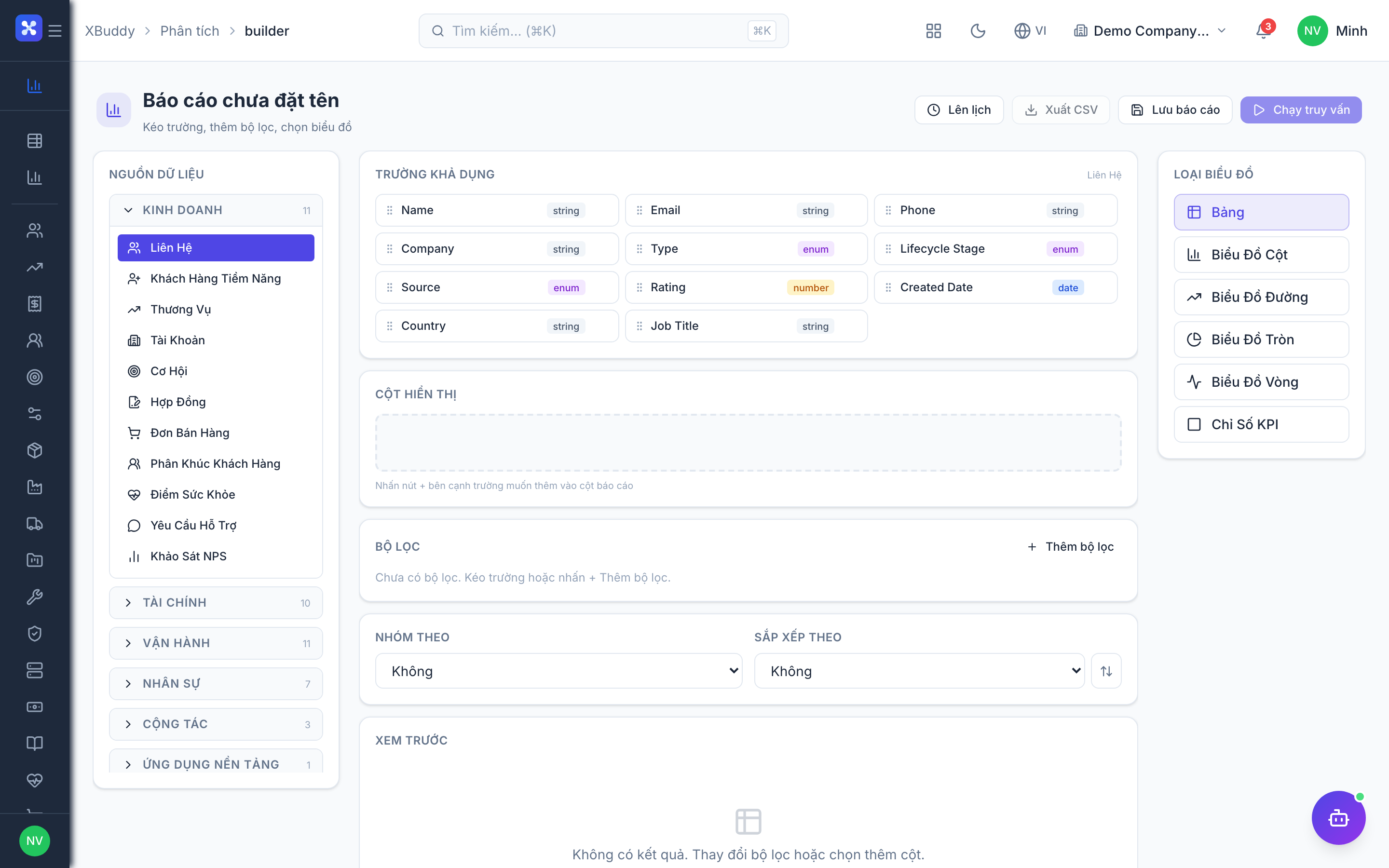 Analytics Builder — dragging dimensions and measures onto the report canvas