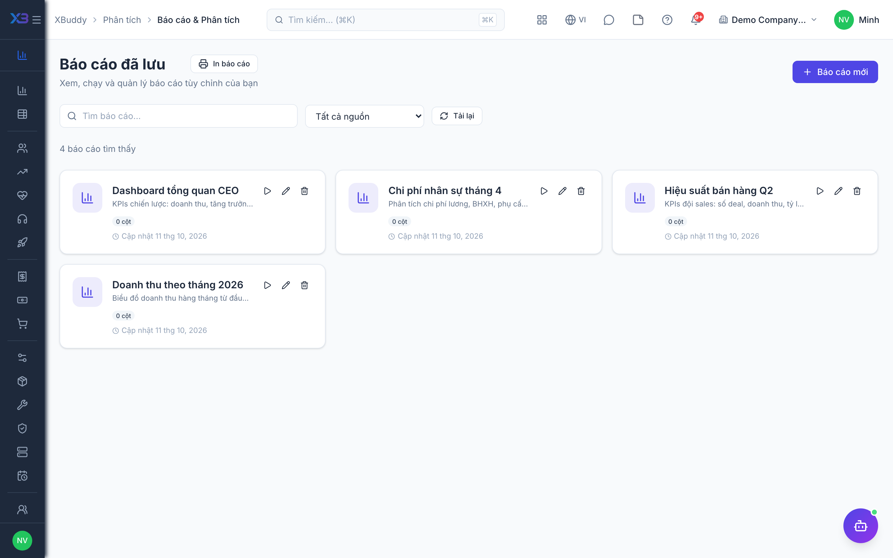 Analytics — the saved reports library