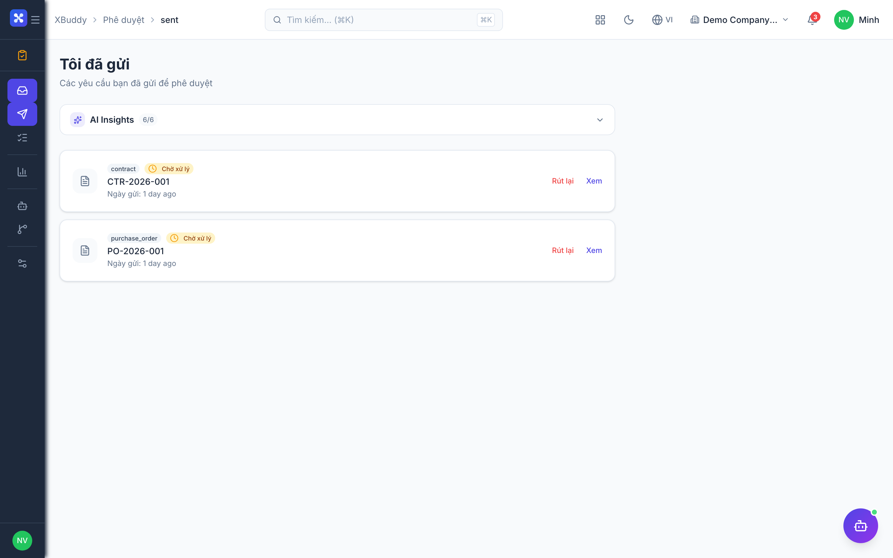 Approvals — Sent requests with status and current approver