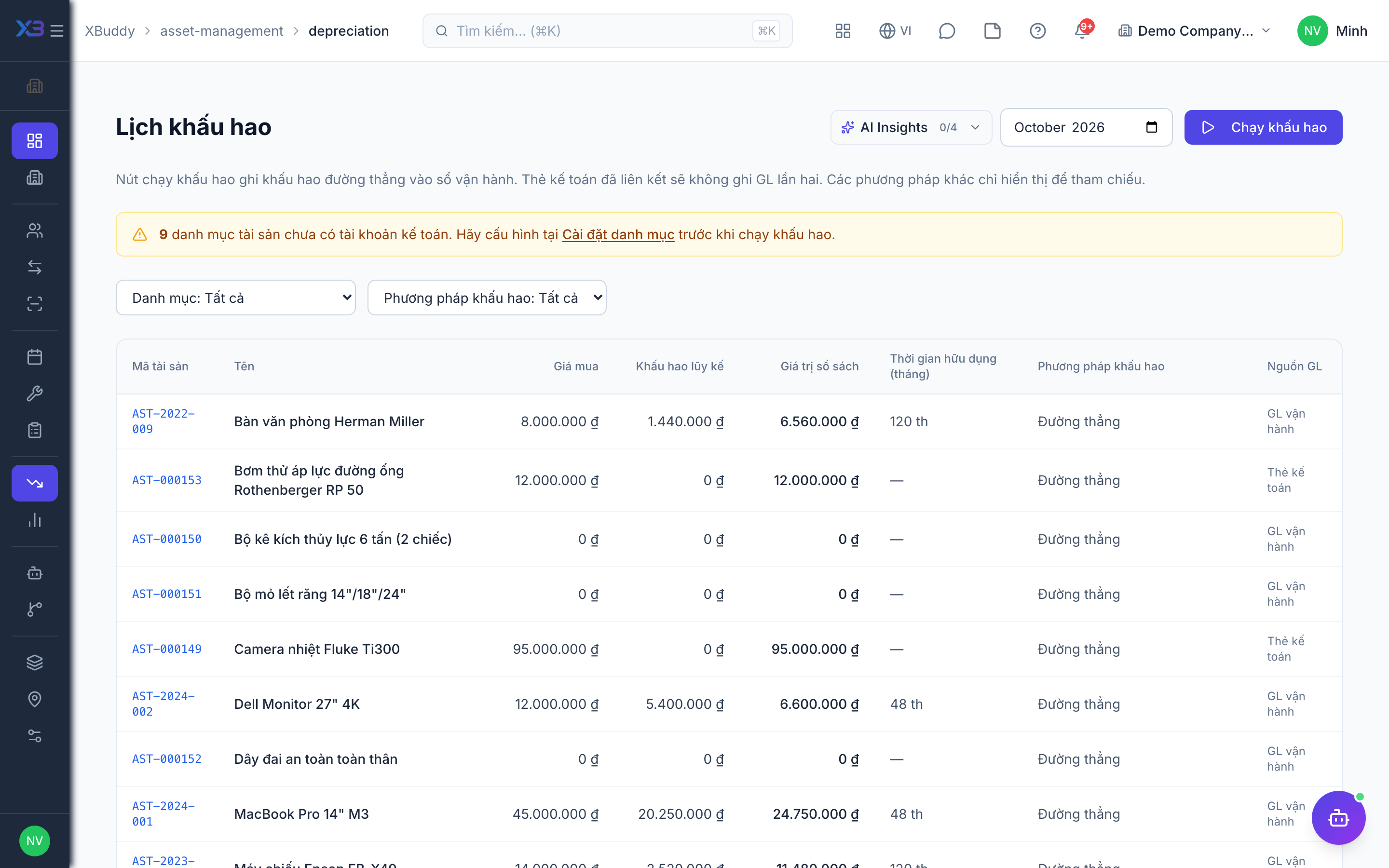 Asset Management — Chạy khấu hao và giá trị còn lại