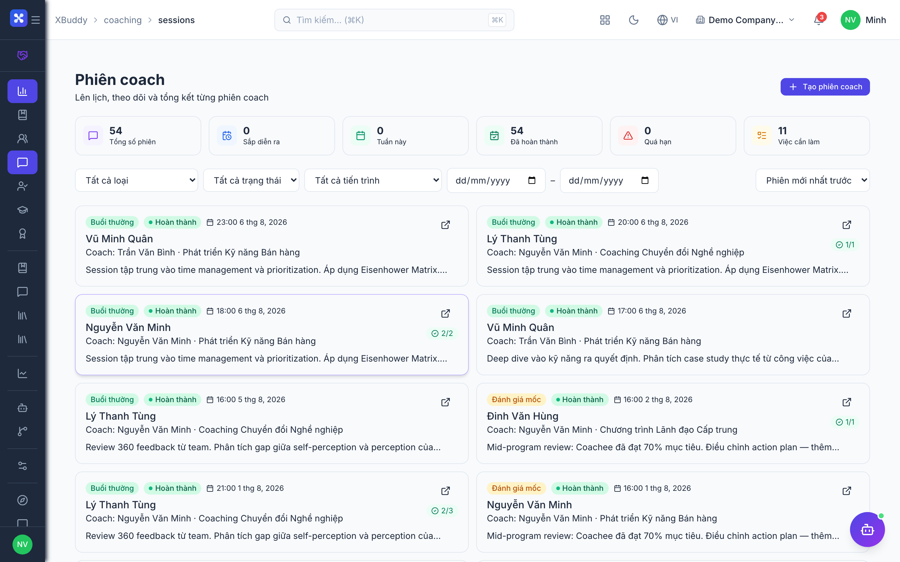 Coaching — Engagement overview with sessions, competencies, and progress