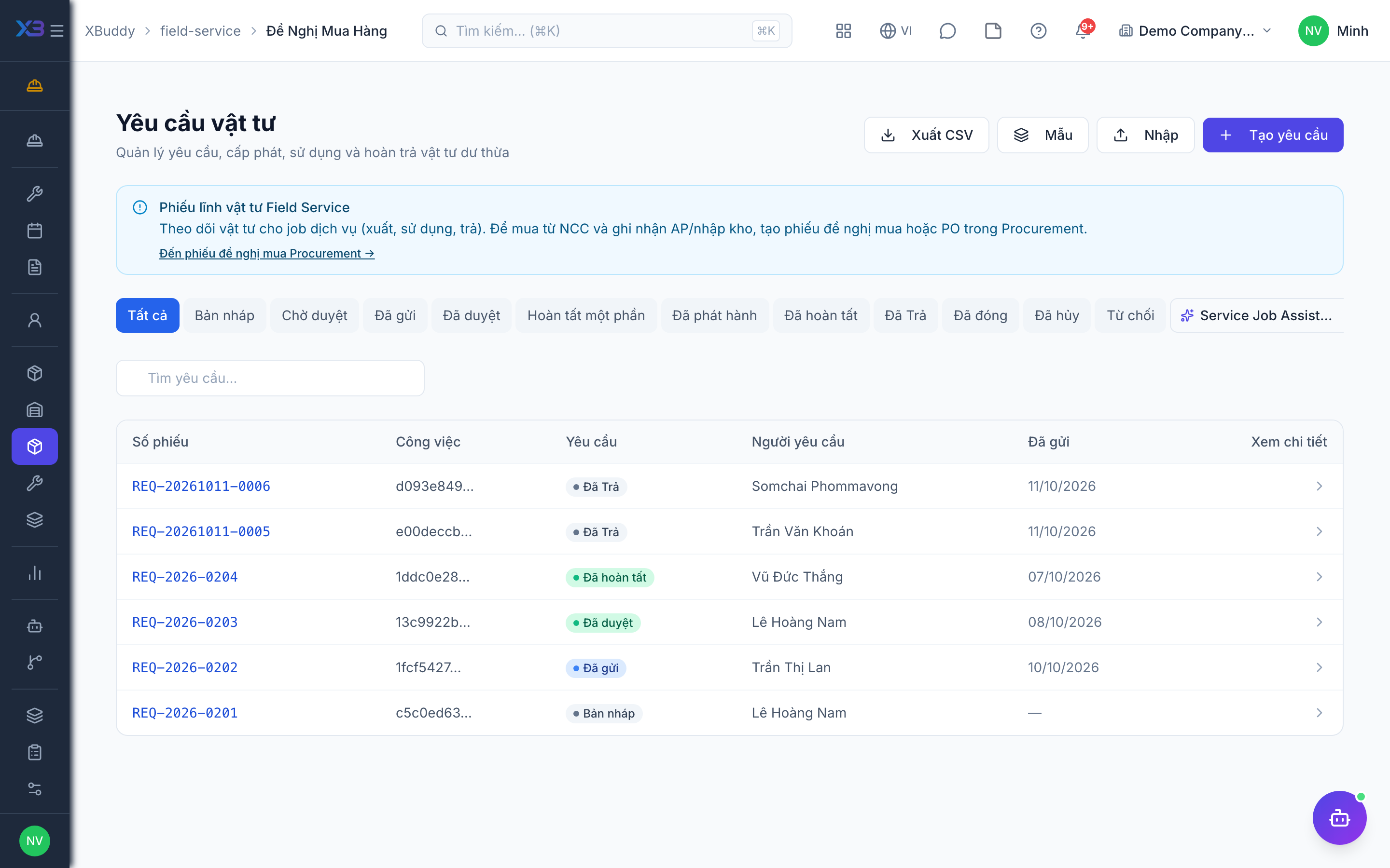 Field Service — Material requisitions and stock