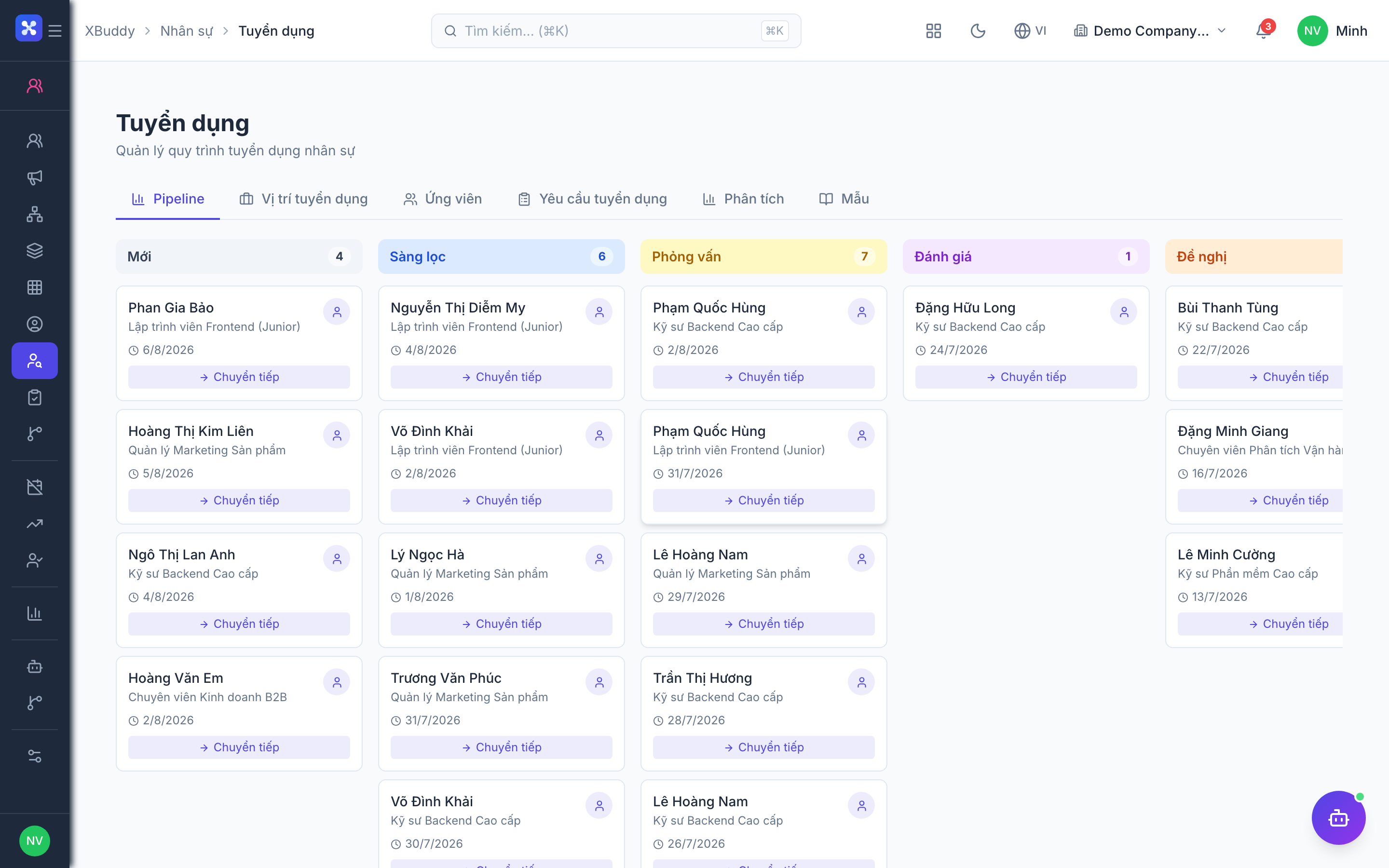 HR — Recruitment pipeline board with candidate stages