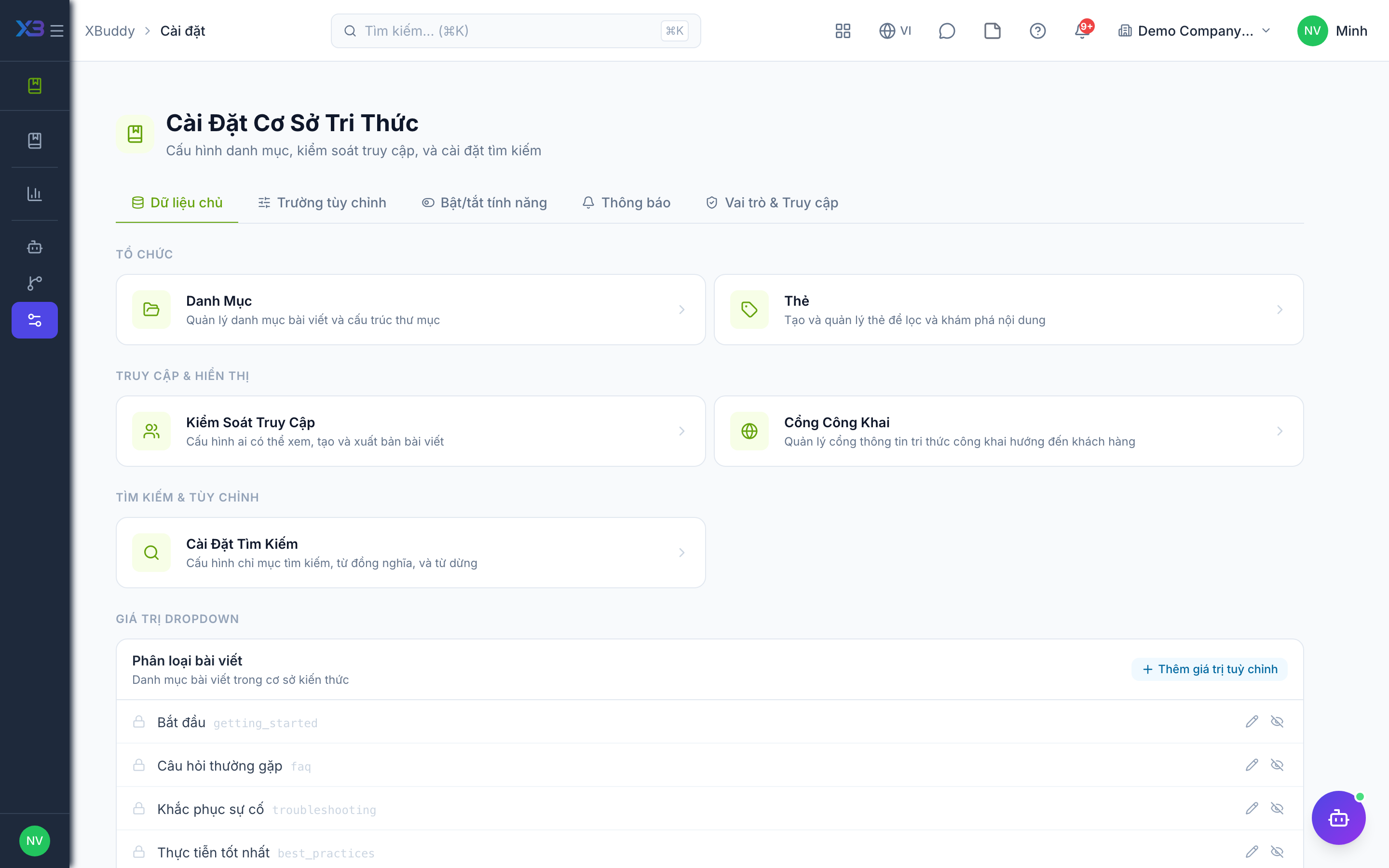 Team Knowledge Base — settings hub with toggles
