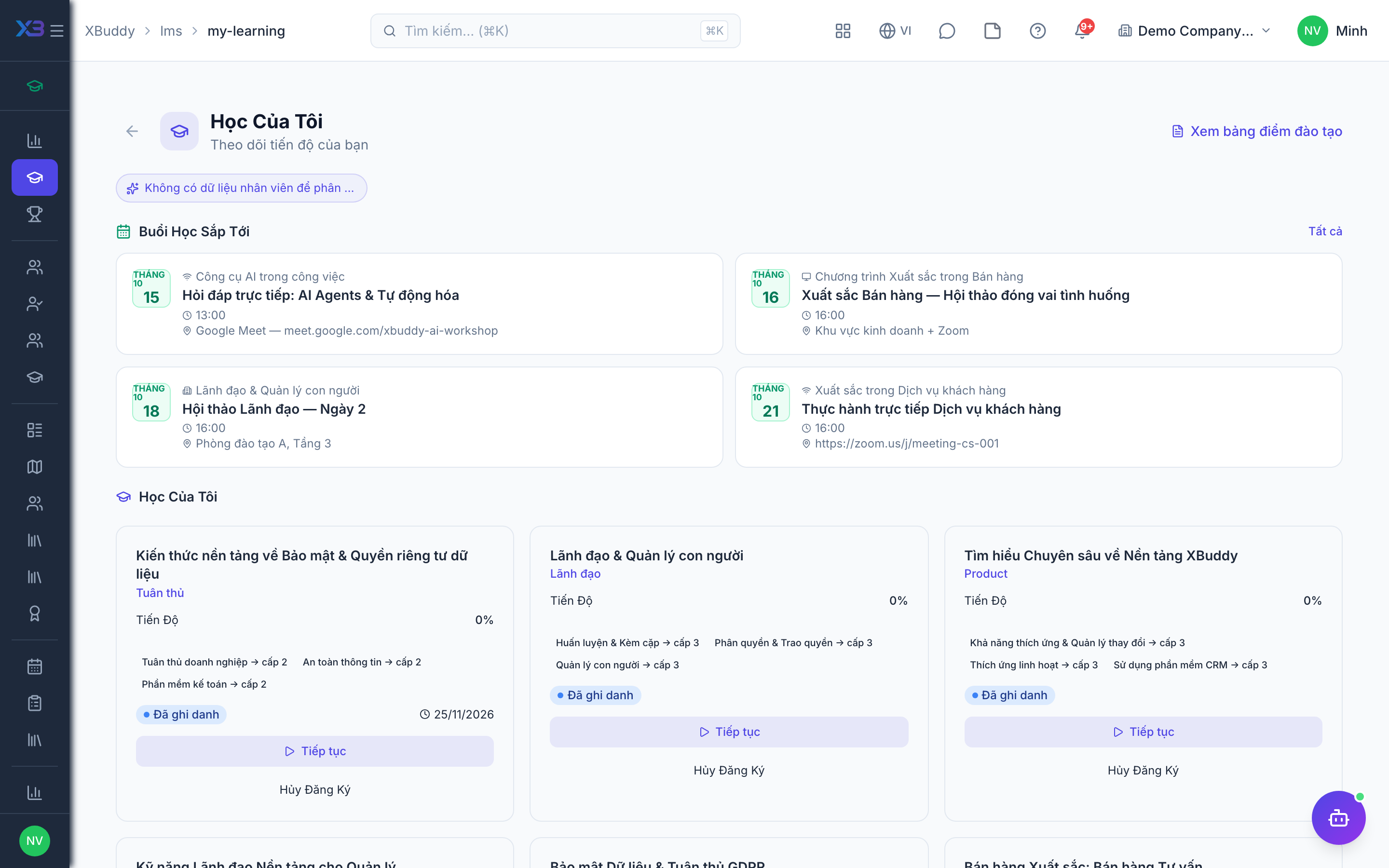 LMS — My learning with in-progress courses and transcript
