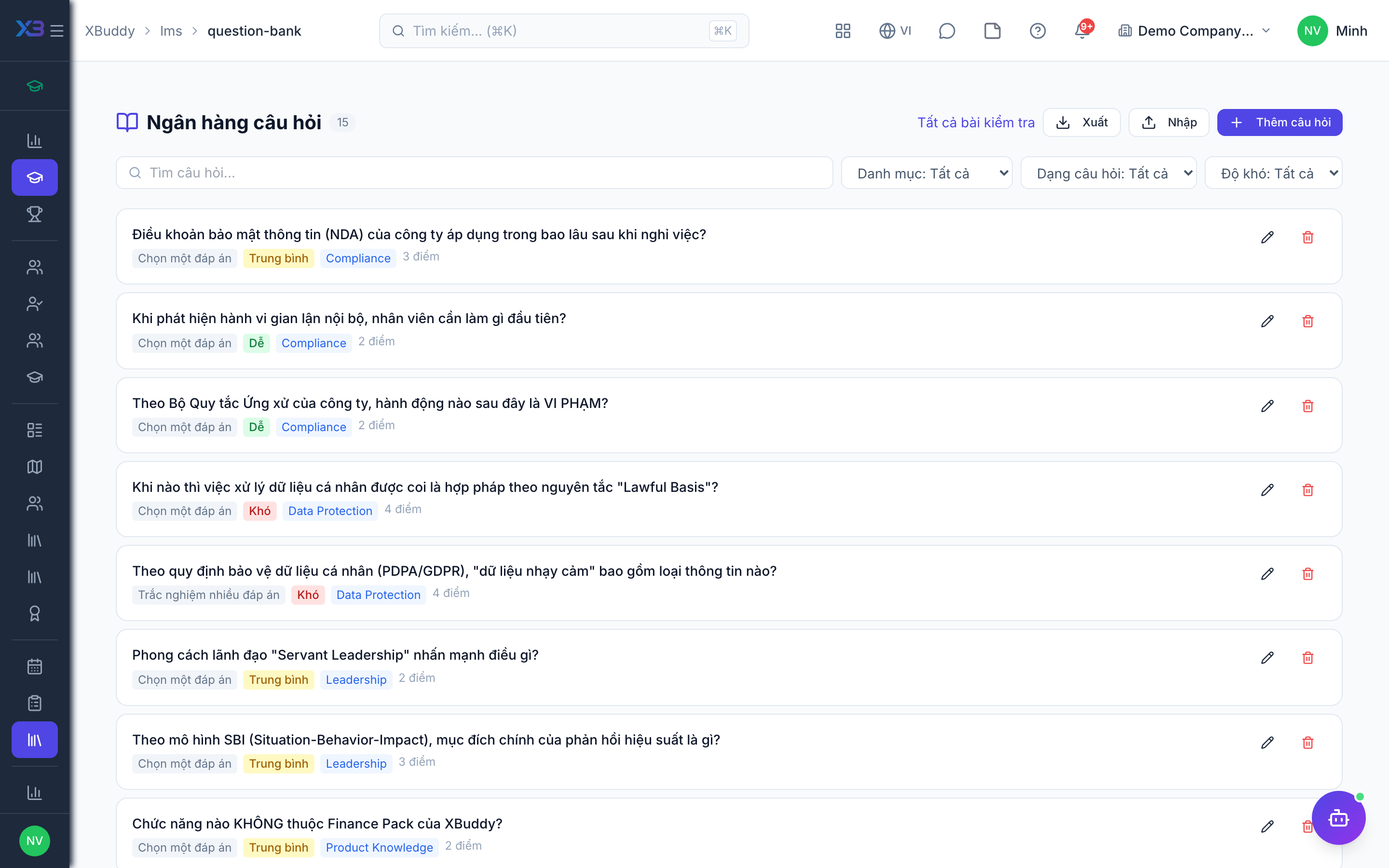 LMS — Question bank with questions grouped by topic
