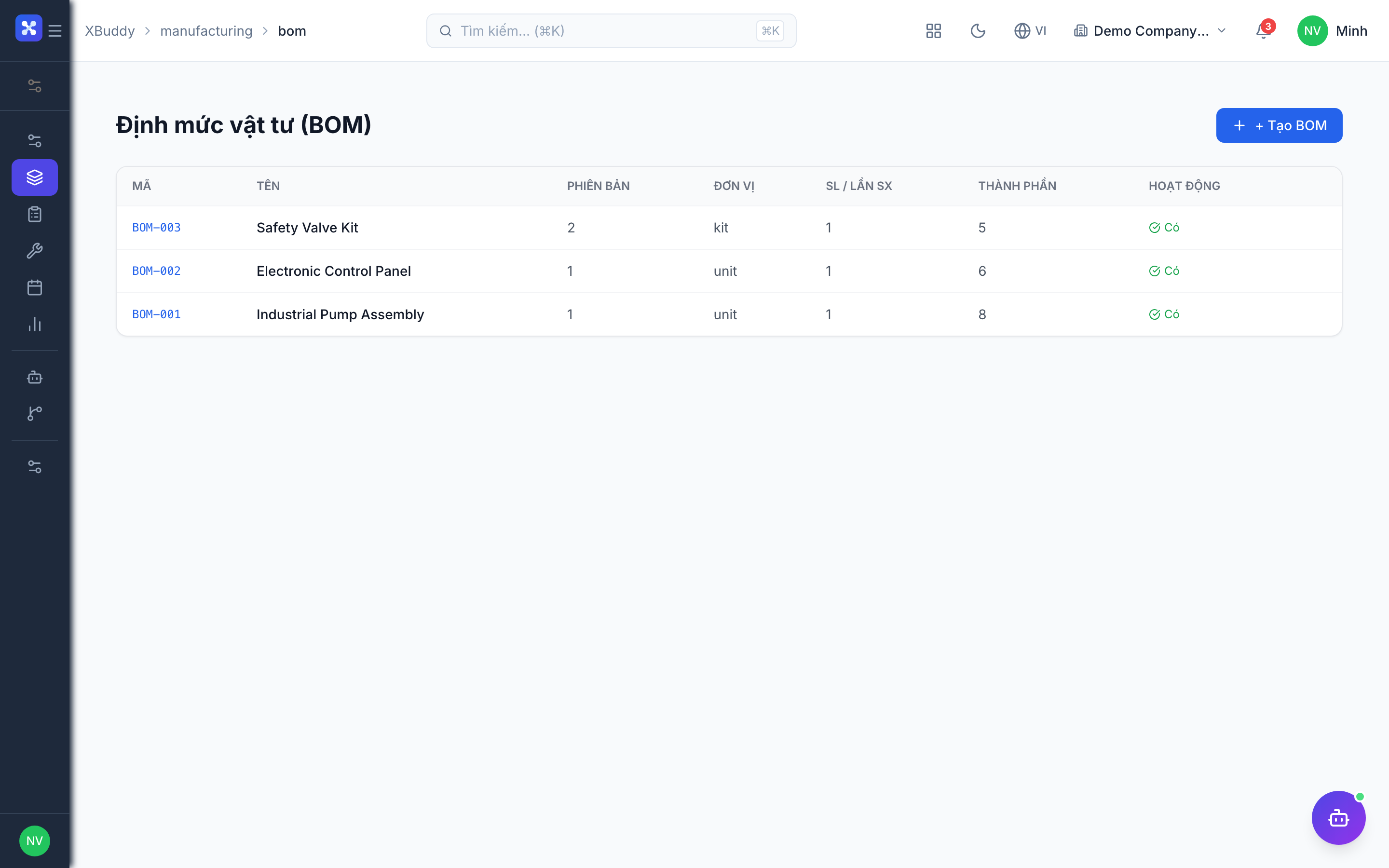 Manufacturing — Bill of materials editor with components and UOM