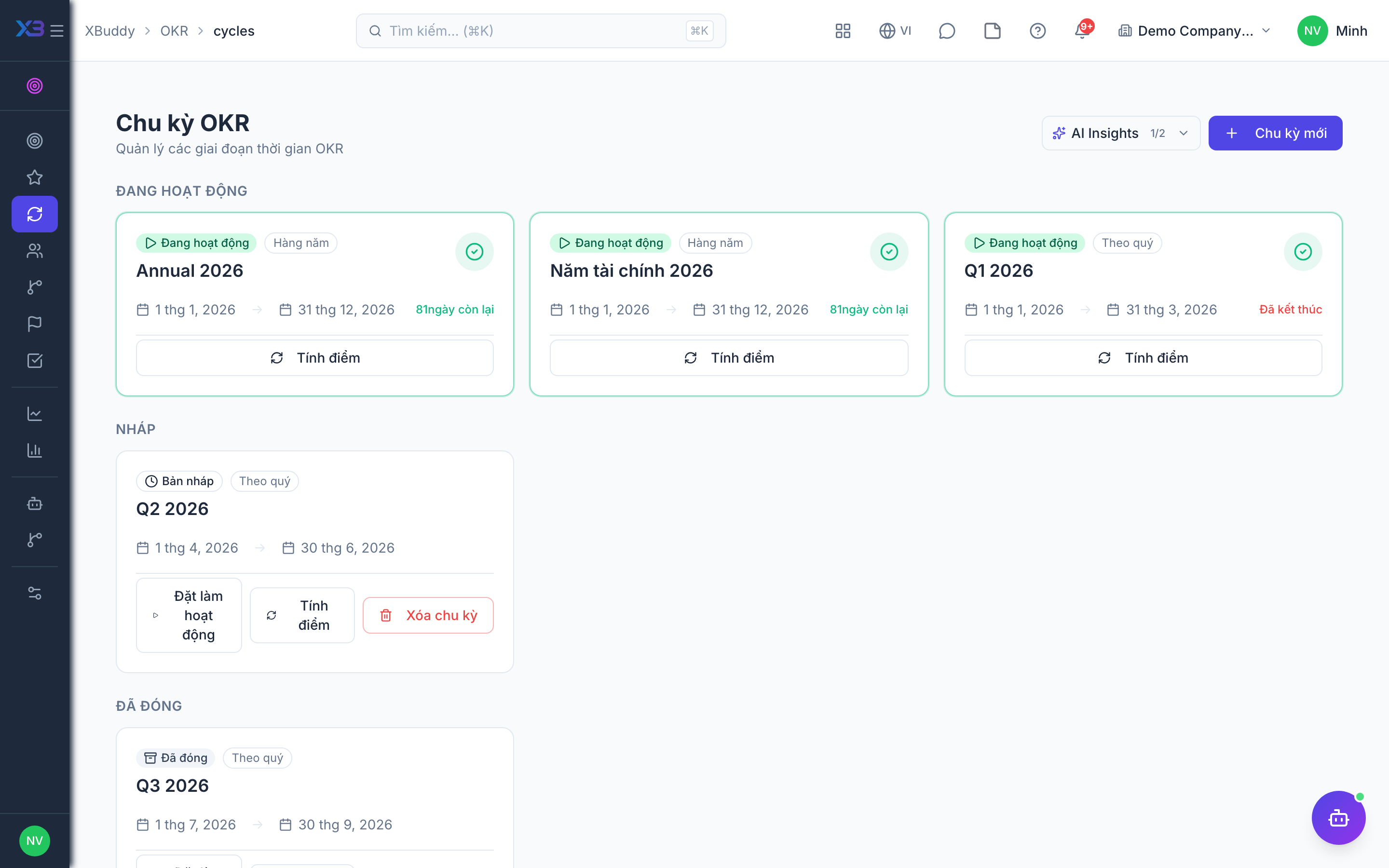 OKR — Cycles list with draft, active and closed cycles