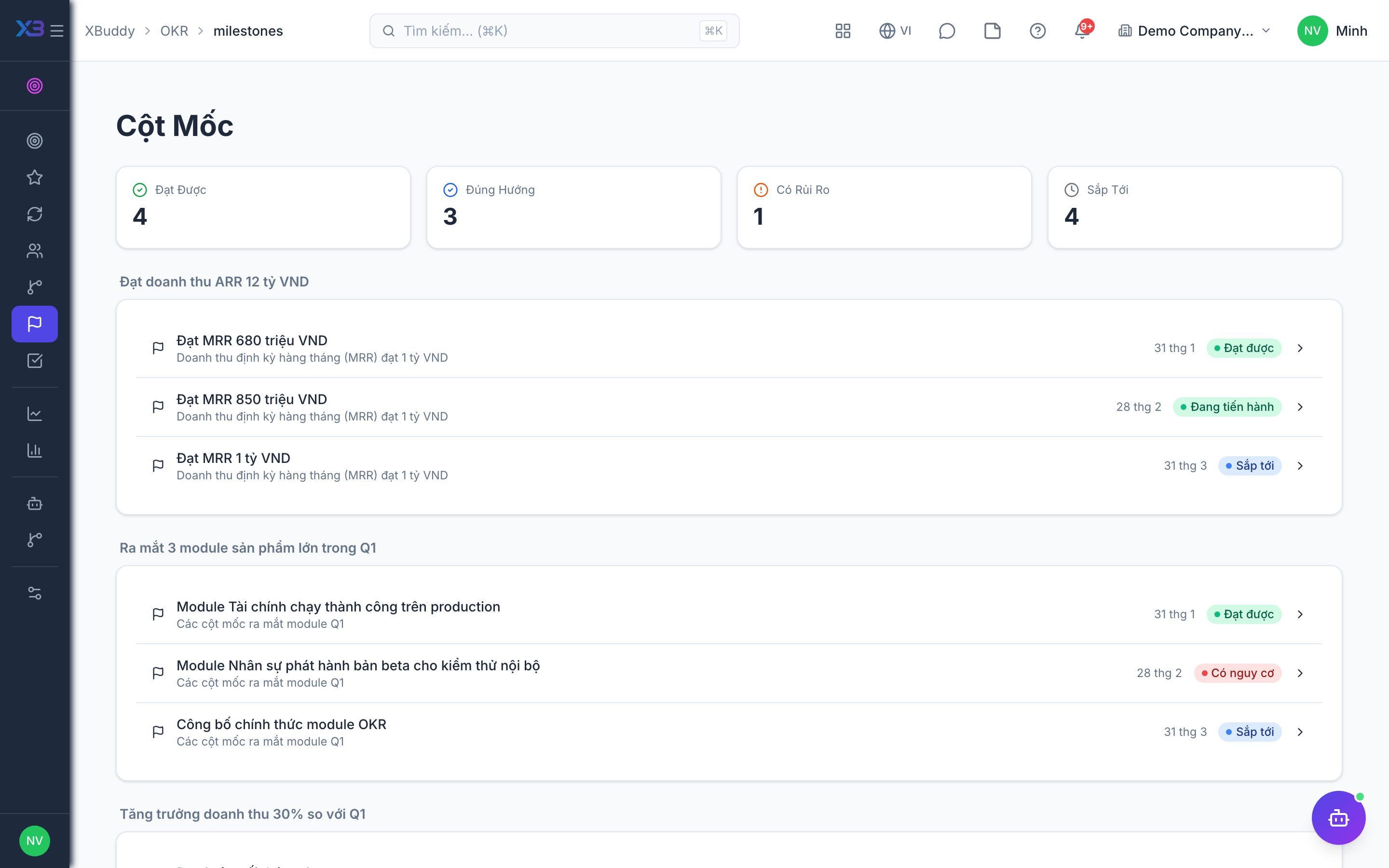 OKR — Milestones with health status and critical path