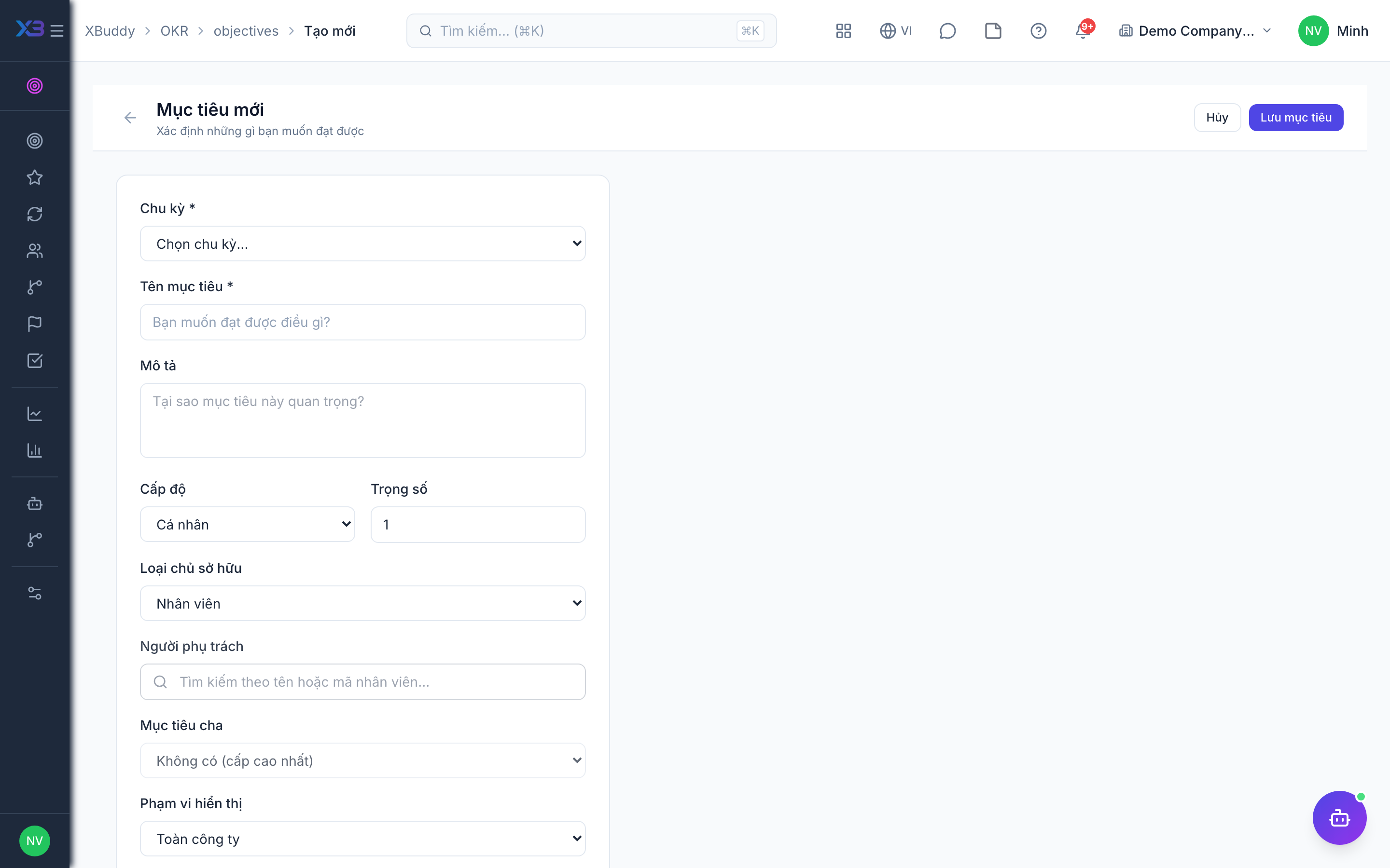 OKR — New objective form with key results and parent alignment
