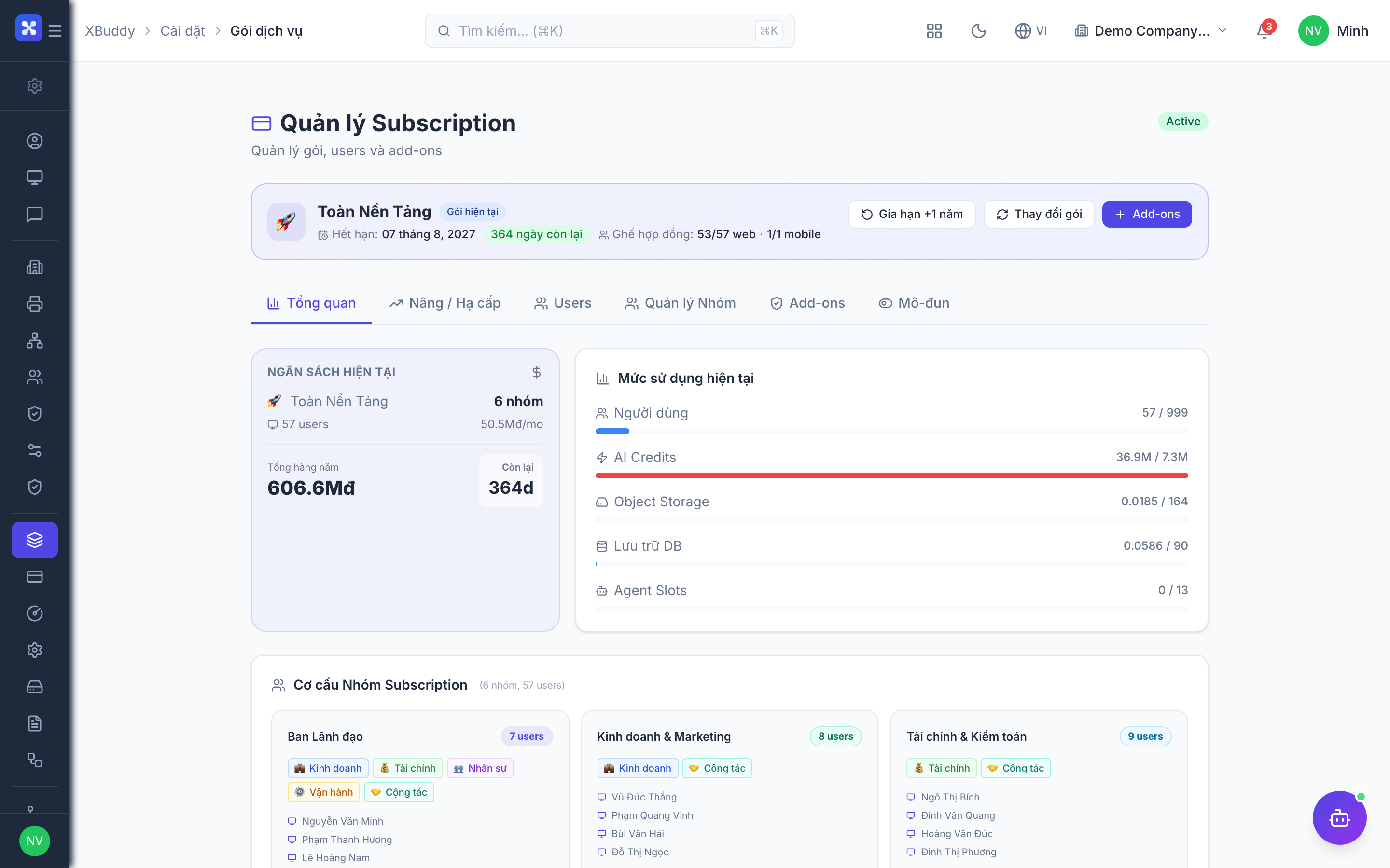 Settings — Subscription page showing active packs and add-ons