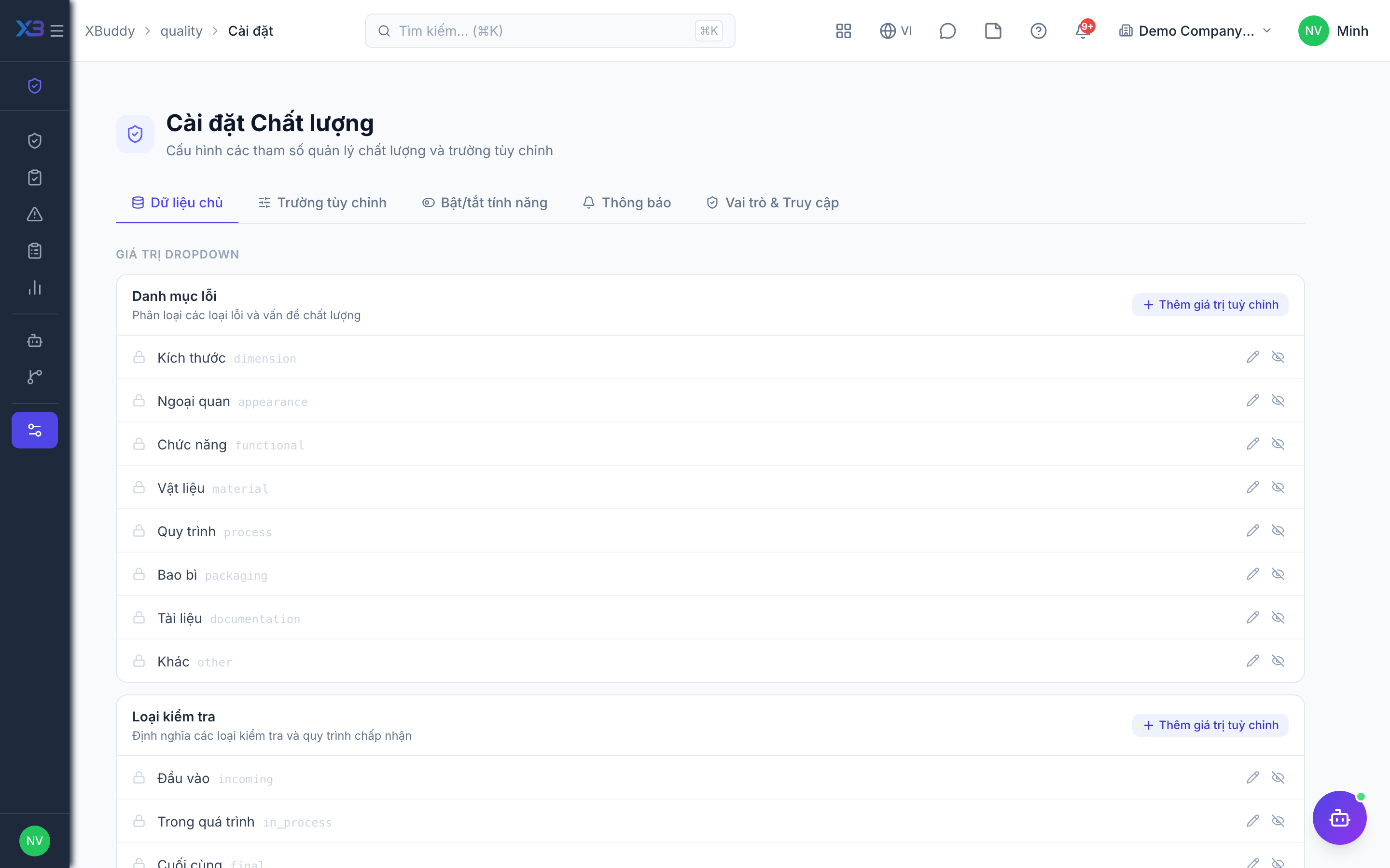 Quality — Settings with inspection and NCR rules
