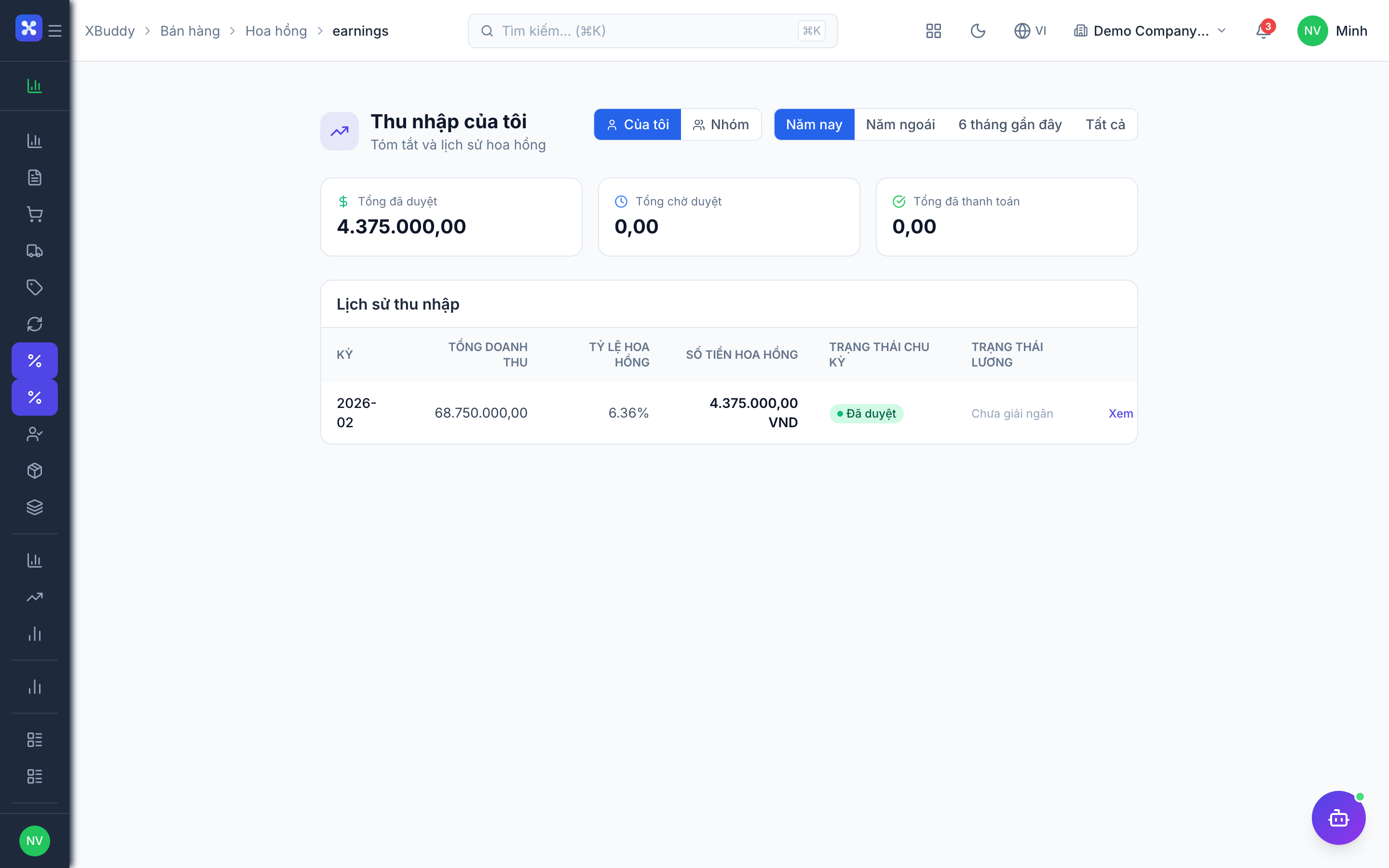 Sales — My Earnings commission tracker
