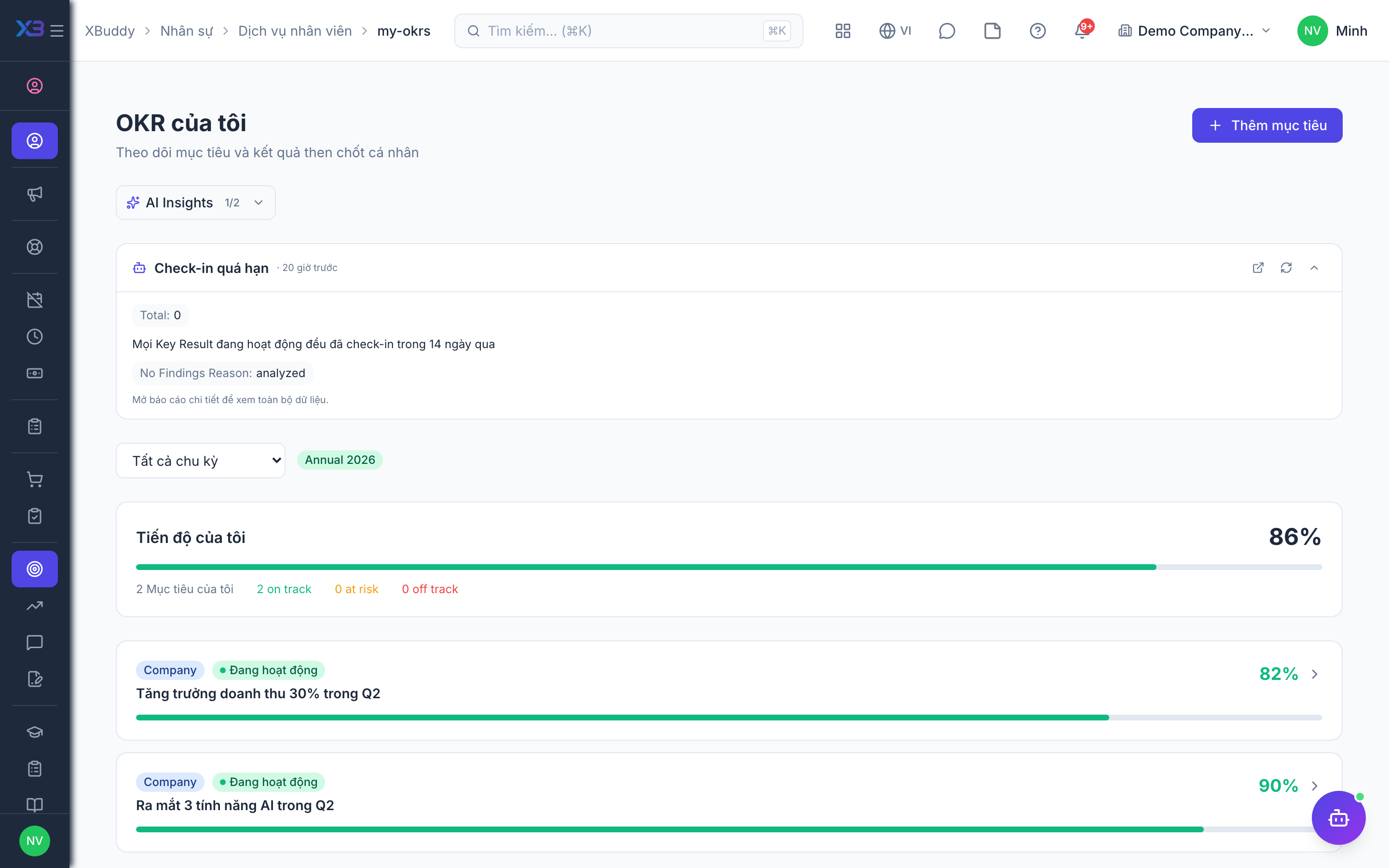 Self-Service — My OKRs with key result progress
