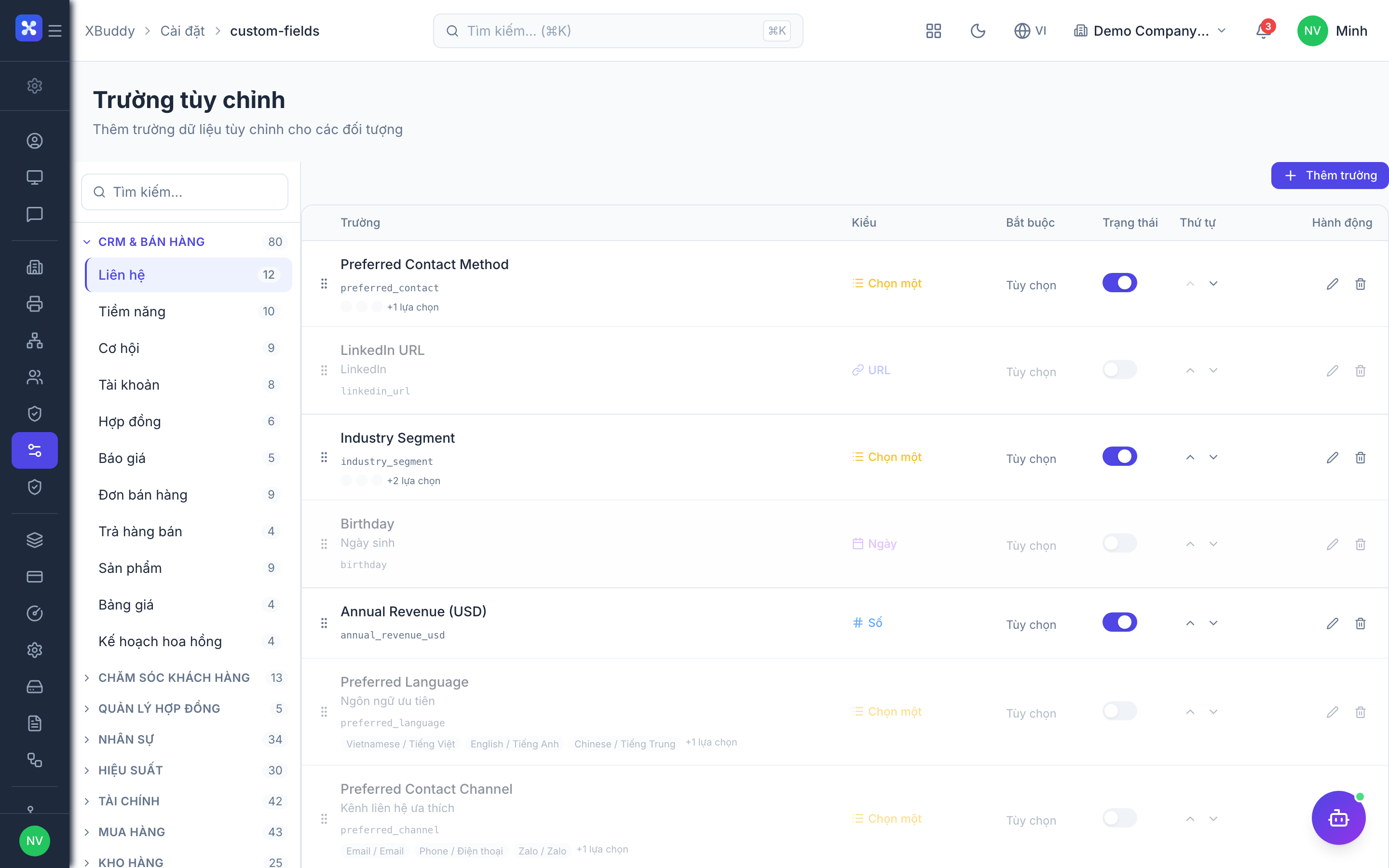 Settings — Custom Field editor showing type, validation, and bilingual labels
