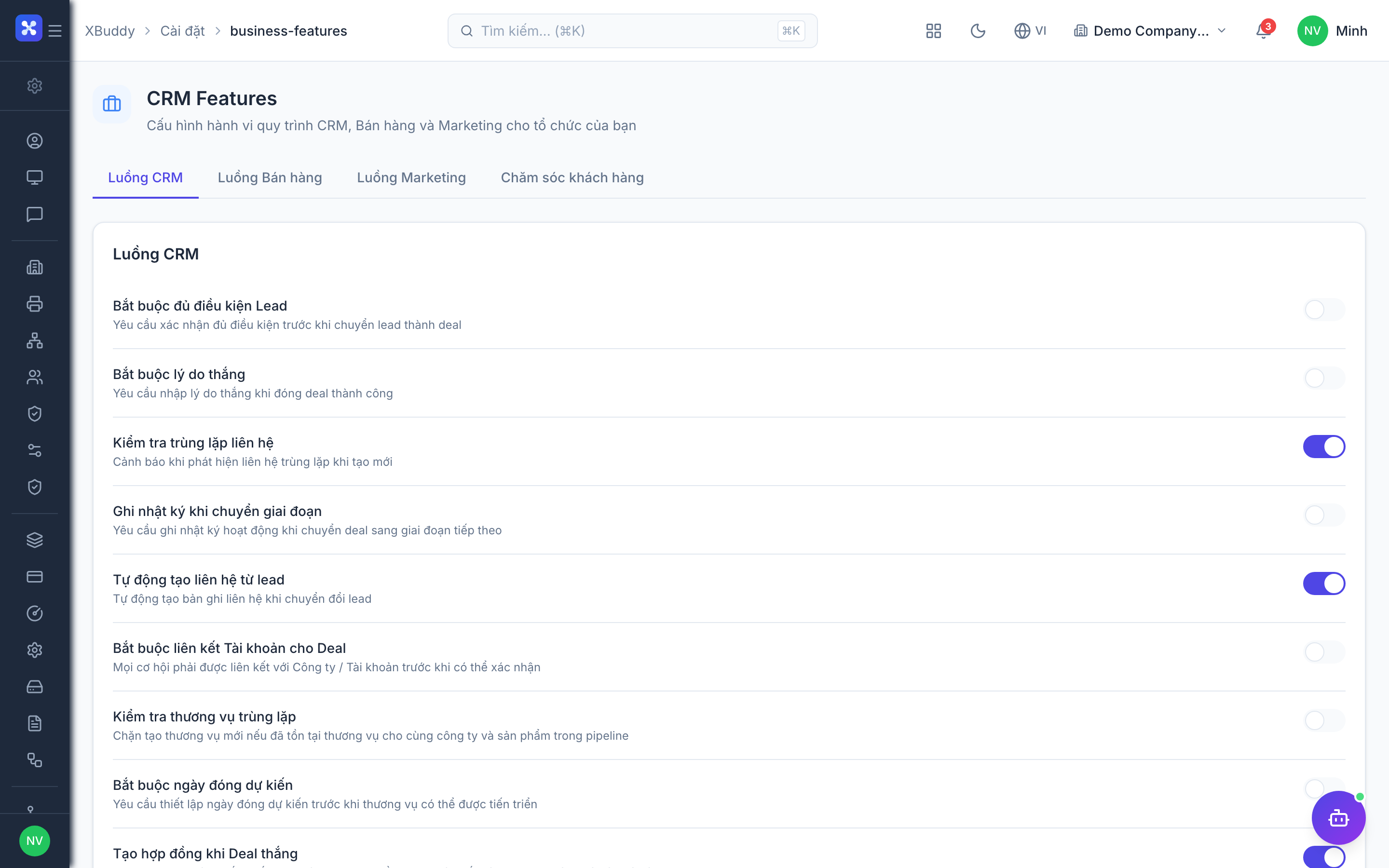 Settings — ERP Features page with toggle groups