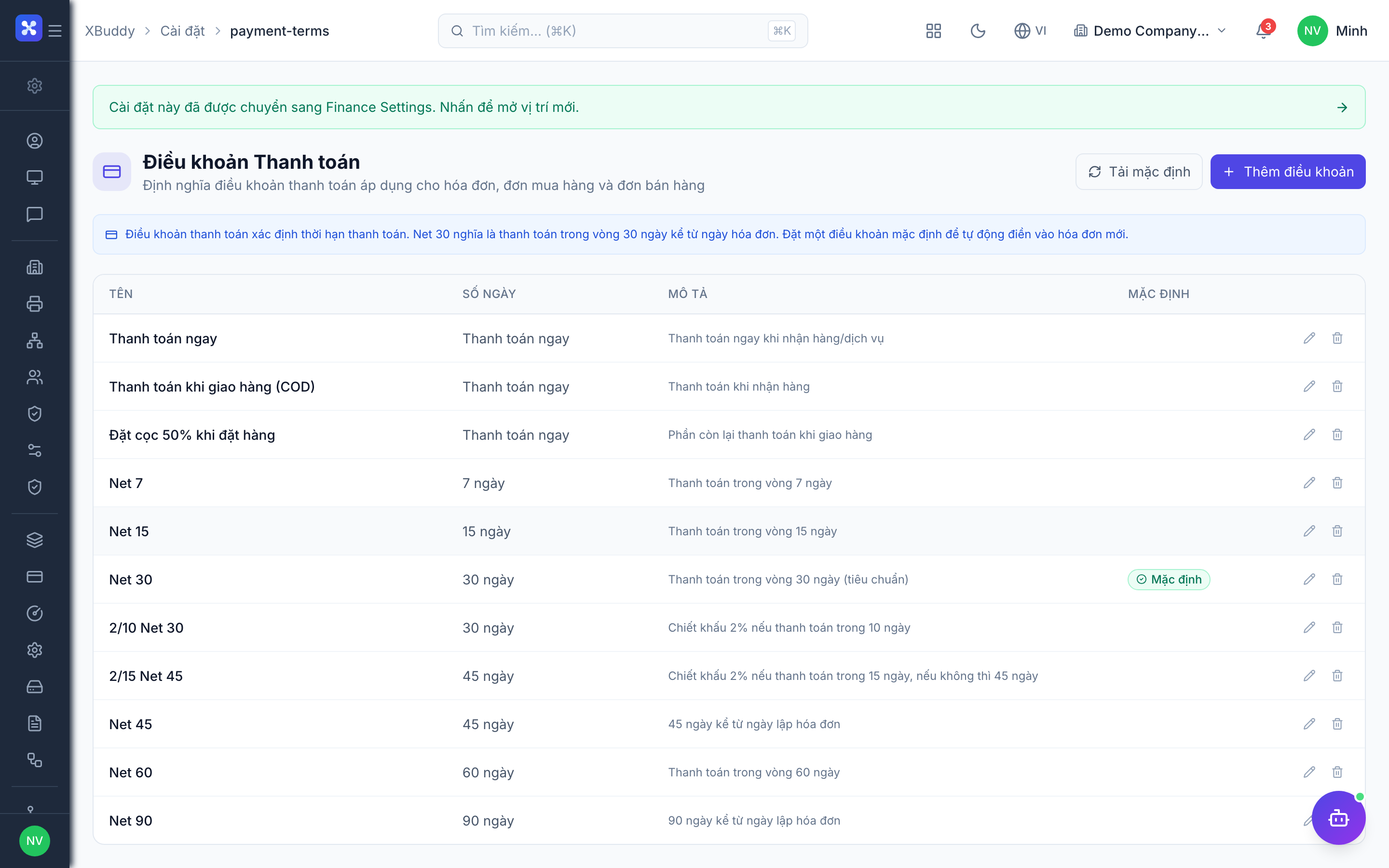 Settings — Payment Terms list