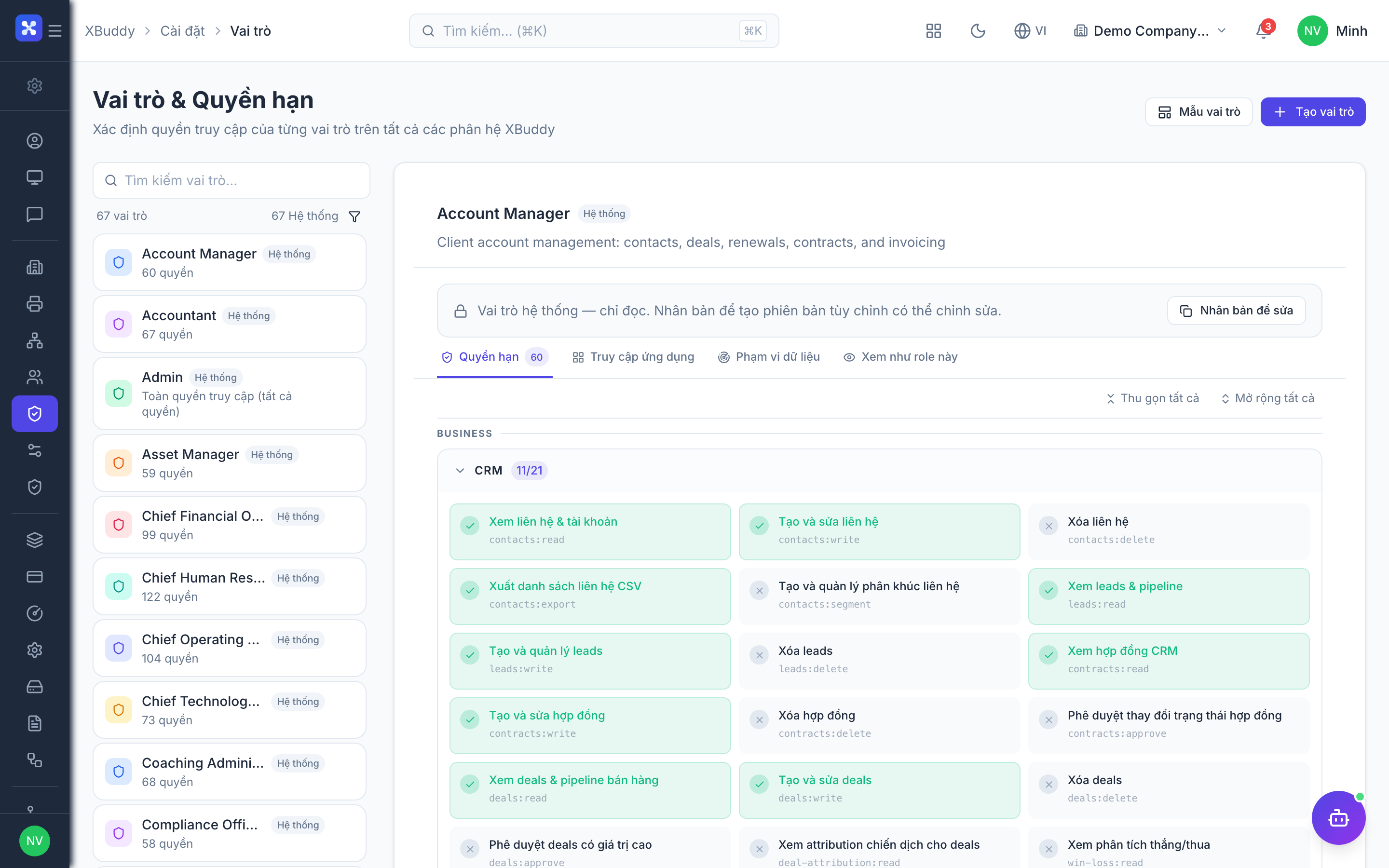 Settings — Role permission matrix with resource:action checkboxes