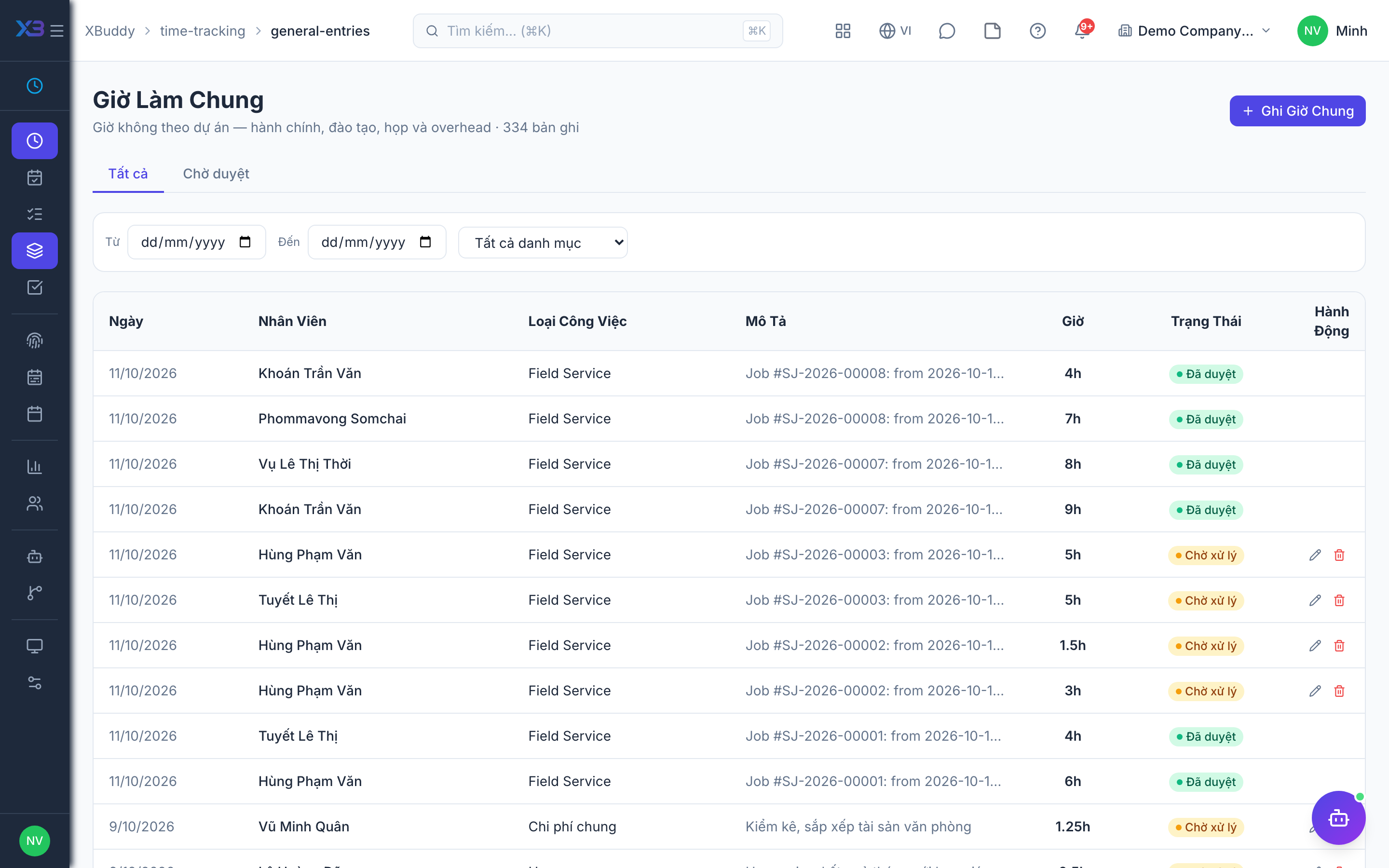 Time Tracking — General entries list with pending approval view