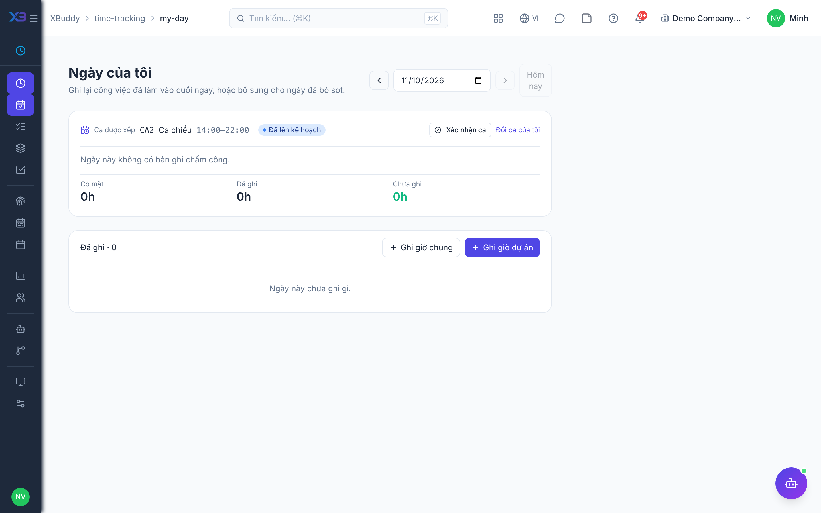Time Tracking — My day with clock-in/out beside logged hours and the gap