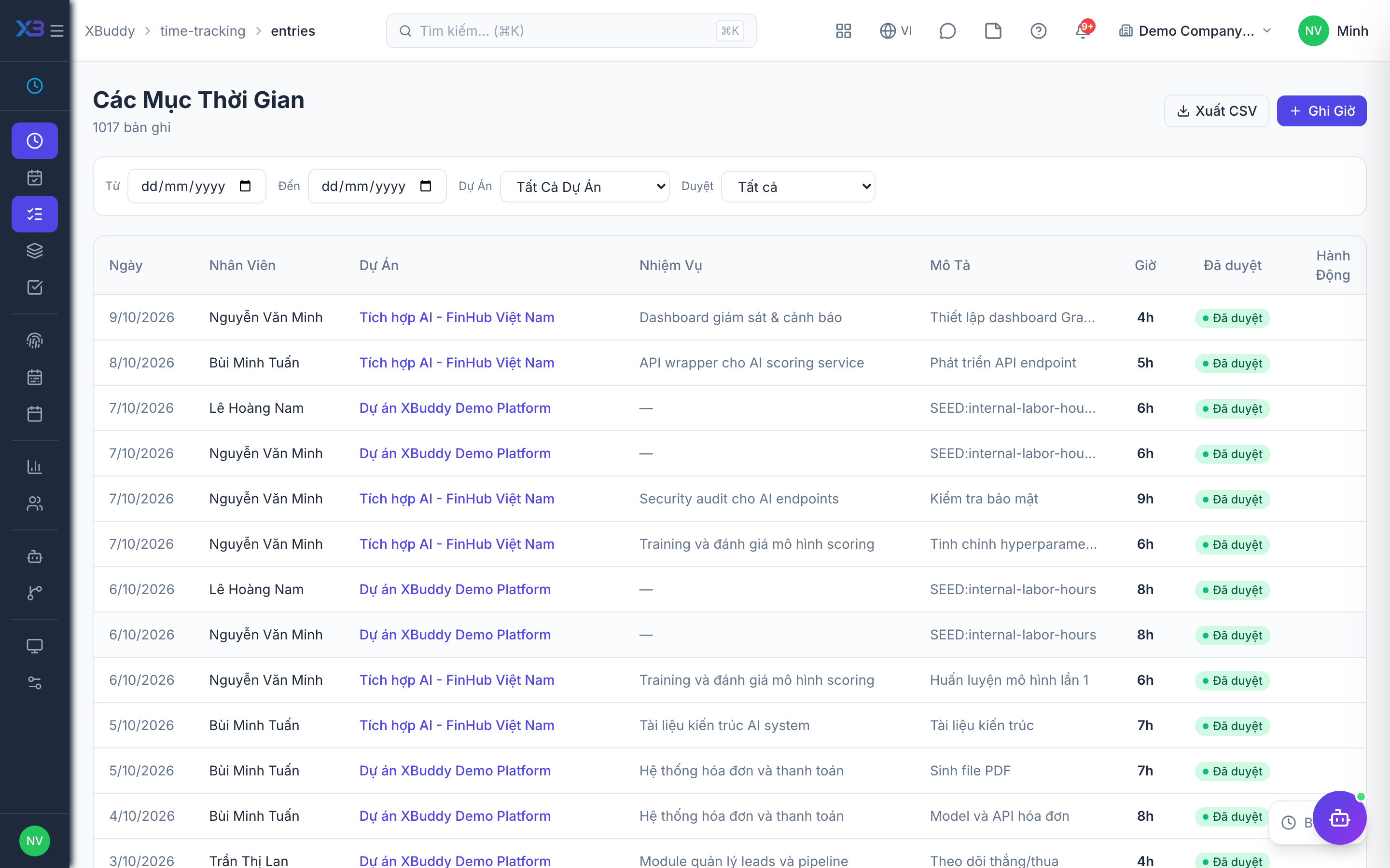 Time Tracking — Project time entries list with hours, billable flag and status