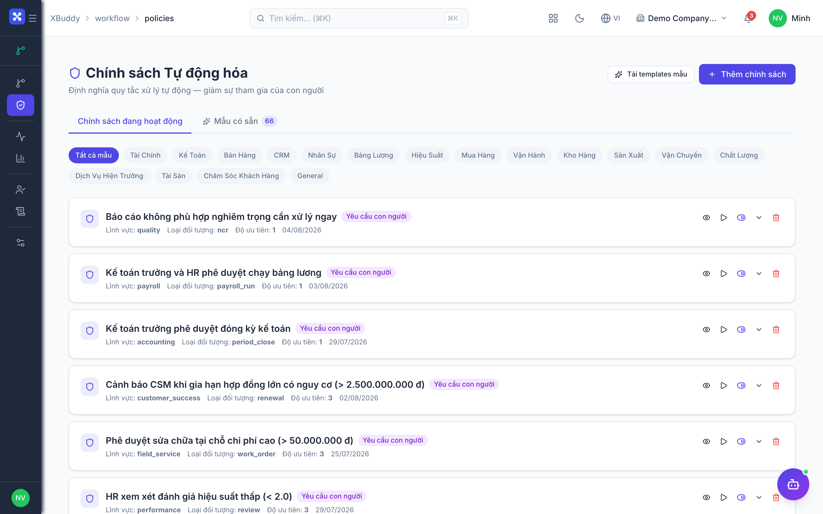 Workflow Management — policies list with thresholds and subject types
